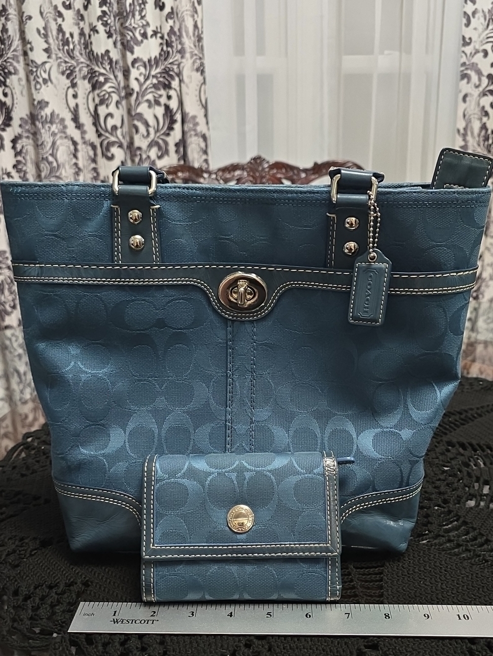 Coach Teal Signature Tote with Matching Wallet
